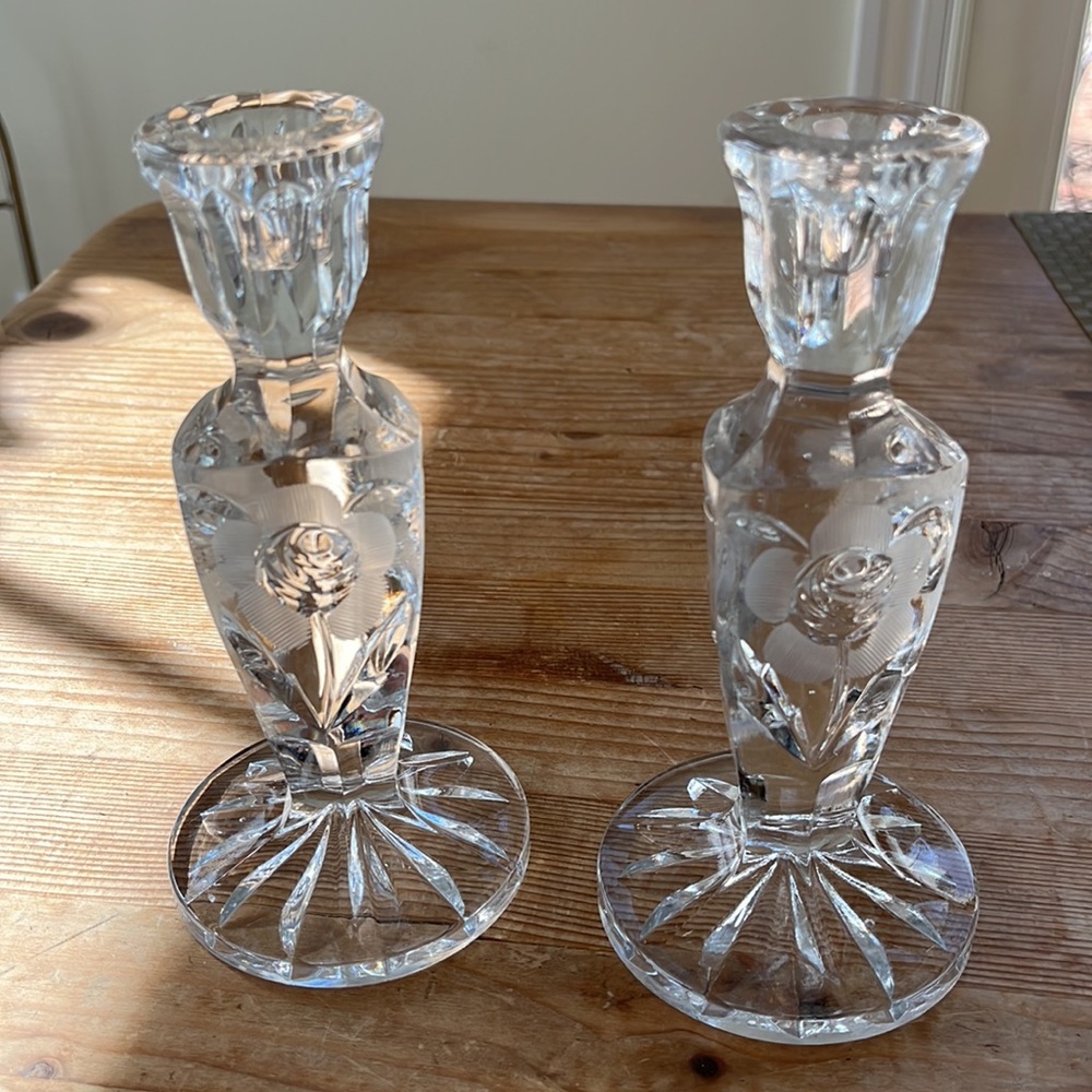 Vintage heavy clear glass candlesticks. Floral pattern. Elegant